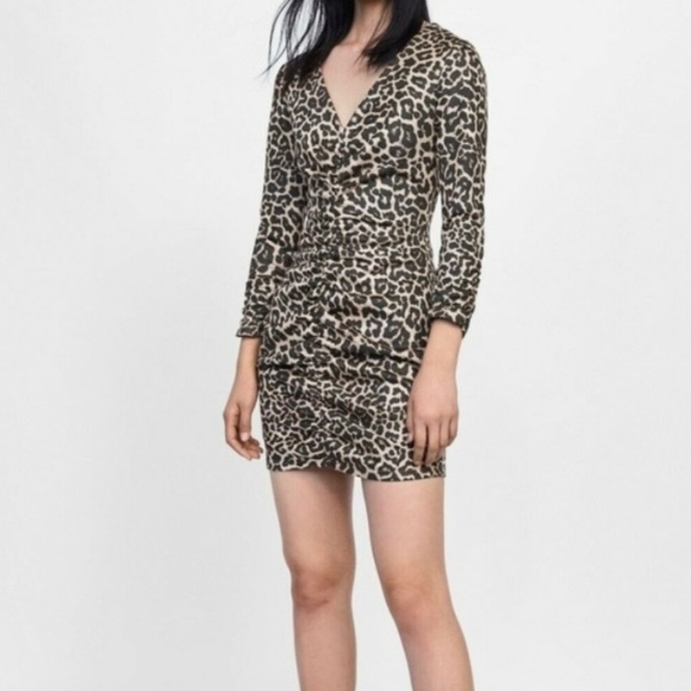 Zara Leopard Pattern Suede Ruched Long Sleeve Dress NWT Women’s Size - L